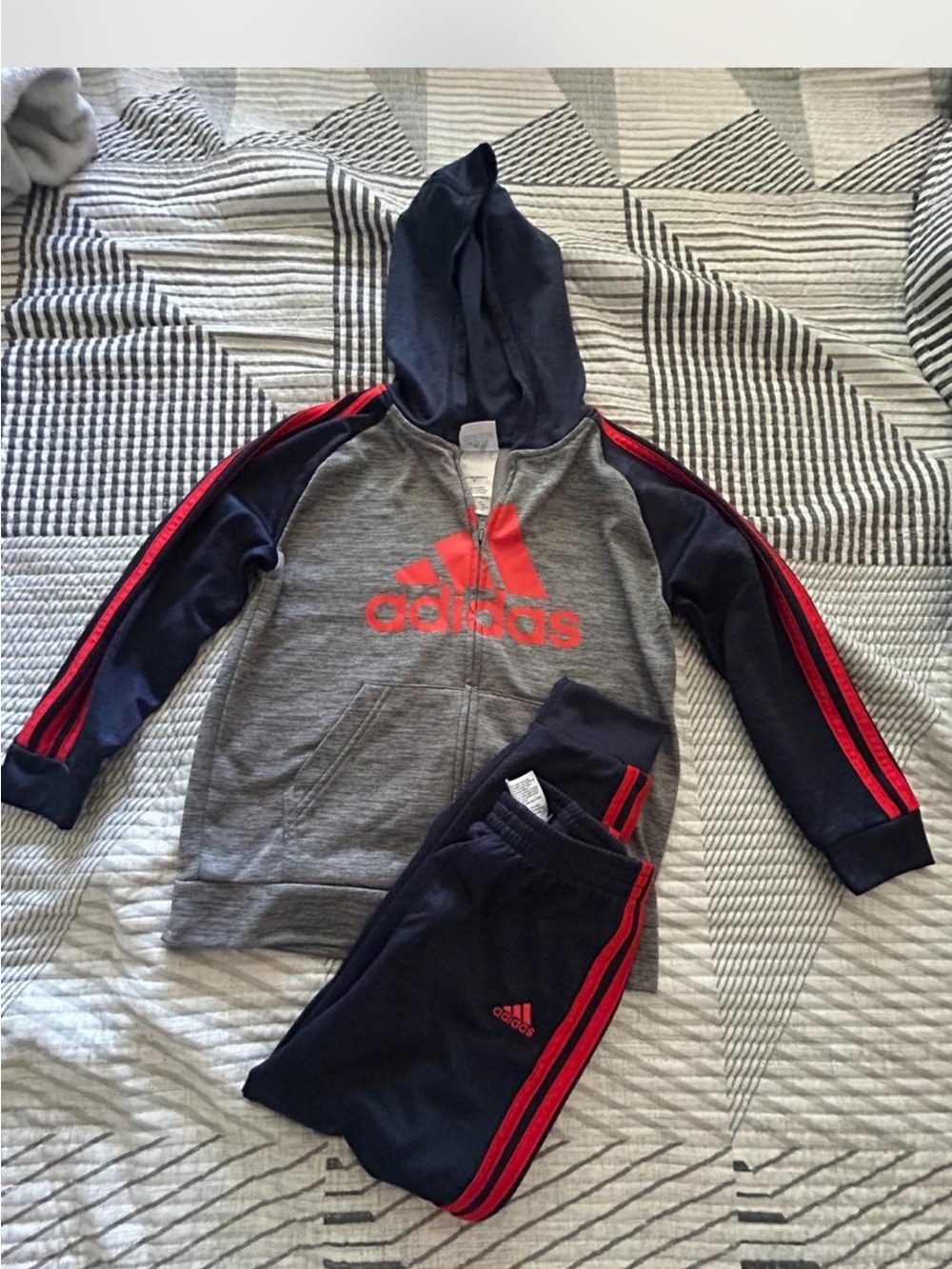 adidas Grey, Navy & Red Kids Hoodie and Track Pants Set
